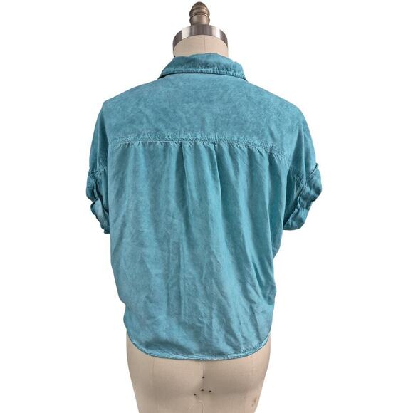 Velvet Heart Los Angeles Tie Waist Blouse Teal Green/Blue Rayon 2 Pockets Sz L - Picture 3 of 5